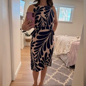 Ann Taylor Beige Sheath Dress with Navy Leaf Print